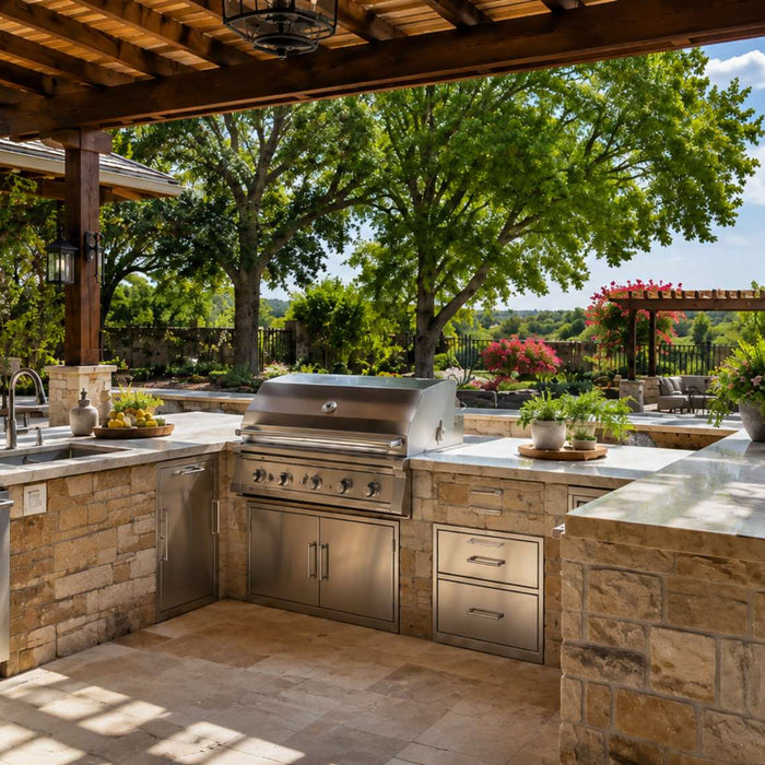 Covered outdoor kitchen design features a stainless steel grill, stone counters, sink, bar seating, and a landscaped backyard patio