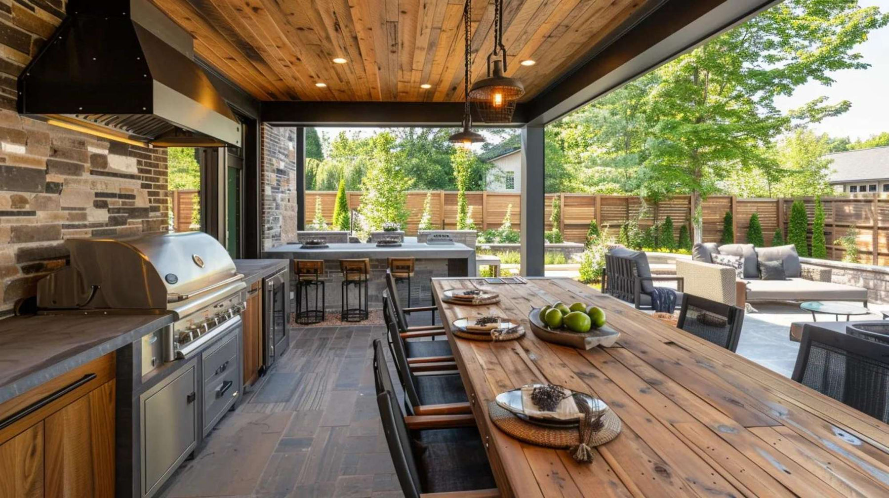 Covered patio outdoor kitchen with stainless steel grill, bar seating, and dining table, showing how to build an outdoor kitchen for cooking and entertaining outdoors