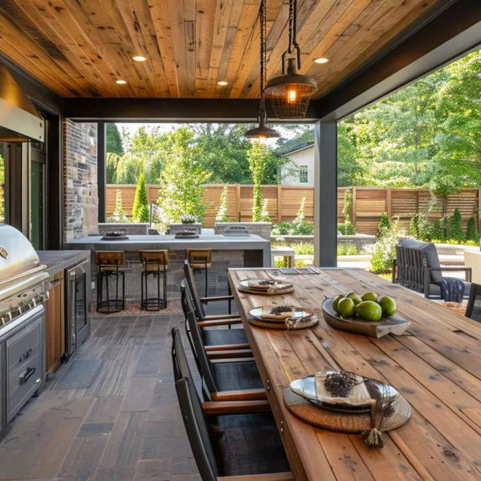 Covered patio outdoor kitchen with stainless steel grill, bar seating, and dining table, showing how to build an outdoor kitchen for cooking and entertaining outdoors
