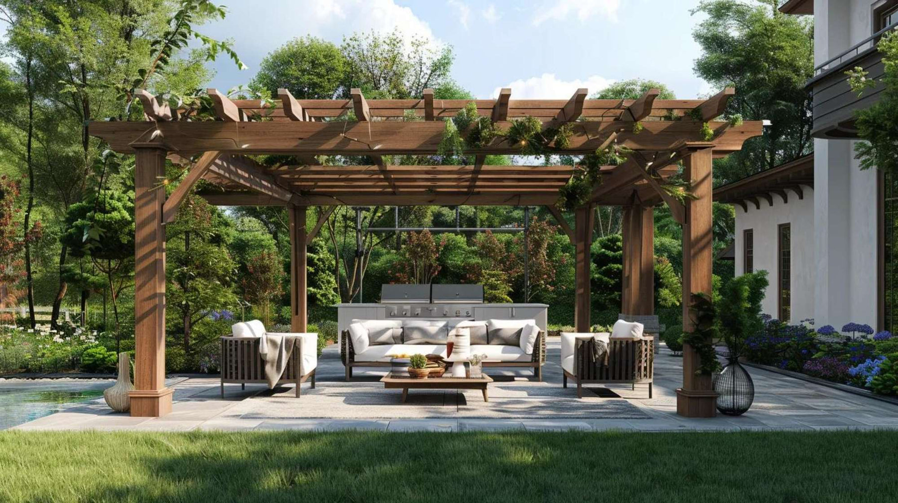 Covered patio with a wooden pergola, cushioned sofa and chairs, and a coffee table shows a stylish outdoor furniture choice designed