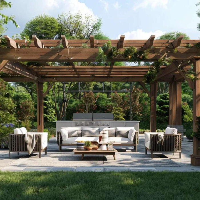 Covered patio with a wooden pergola, cushioned sofa and chairs, and a coffee table shows a stylish outdoor furniture choice designed