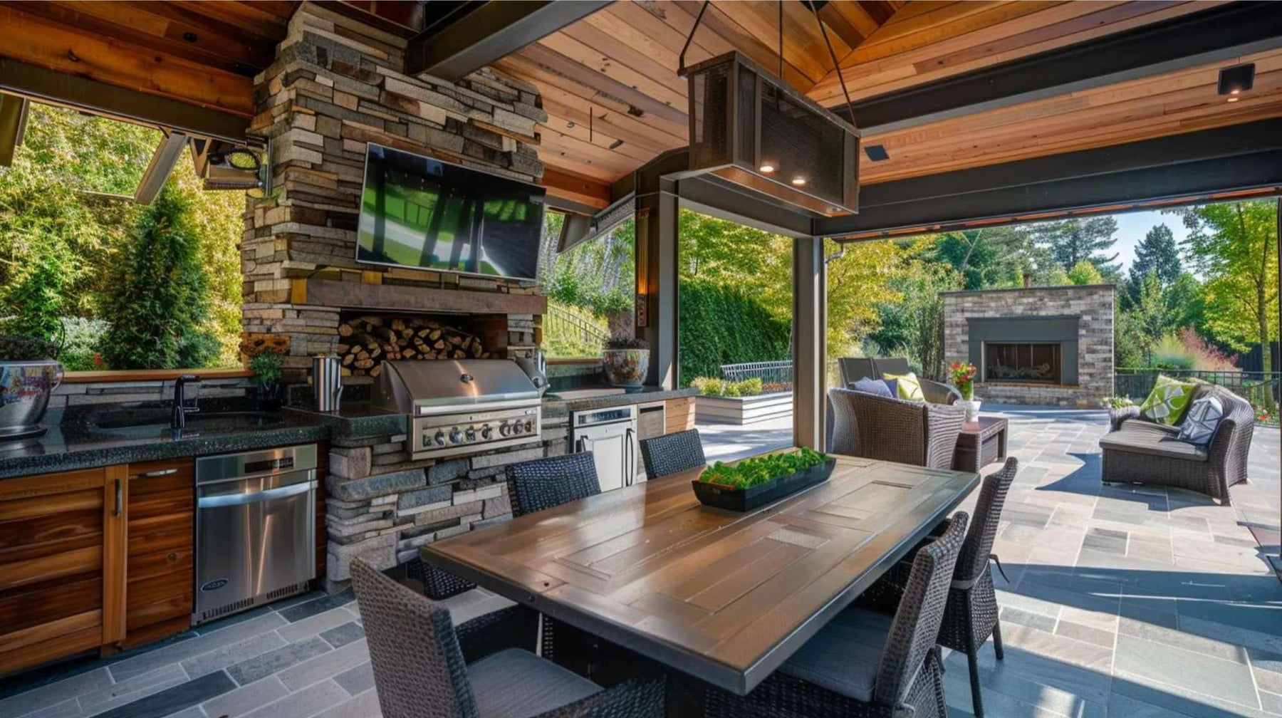 Covered patio with grill, fireplace, dining table, and lounge seating designed for an upscale outdoor kitchen rental experience