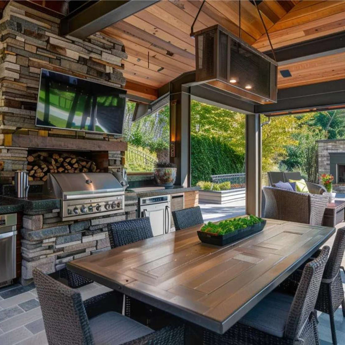 Covered patio with grill, fireplace, dining table, and lounge seating designed for an upscale outdoor kitchen rental experience
