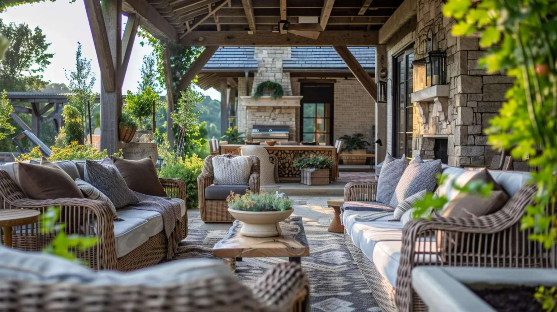Covered stone patio with wicker sofas, fireplace, and outdoor kitchen, showing outdoor living on a budget in a cozy rustic setting