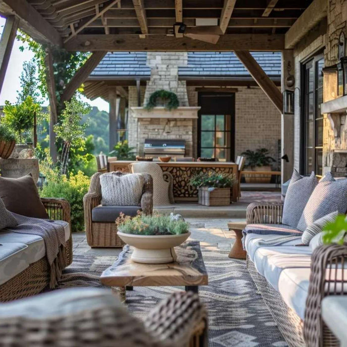 Covered stone patio with wicker sofas, fireplace, and outdoor kitchen, showing outdoor living on a budget in a cozy rustic setting