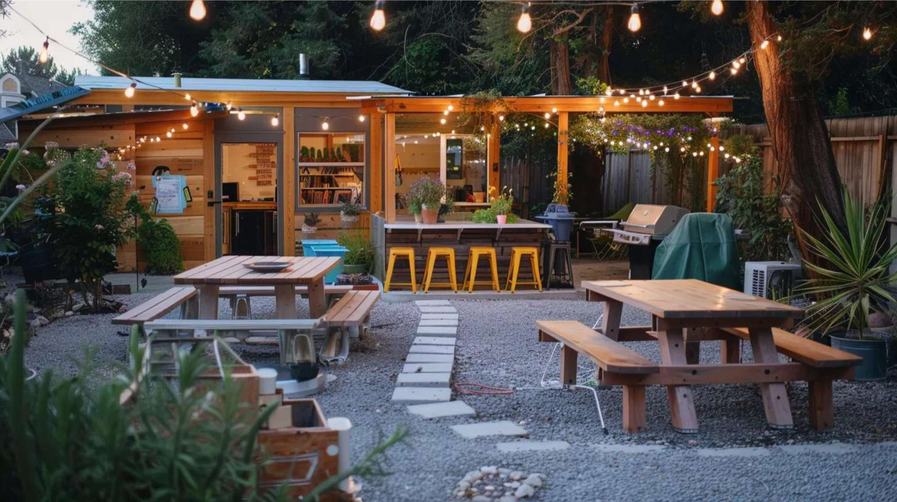 Cozy STEM class backyard with a wooden garden room, string lights, picnic tables, and an outdoor workspace surrounded by plants and trees