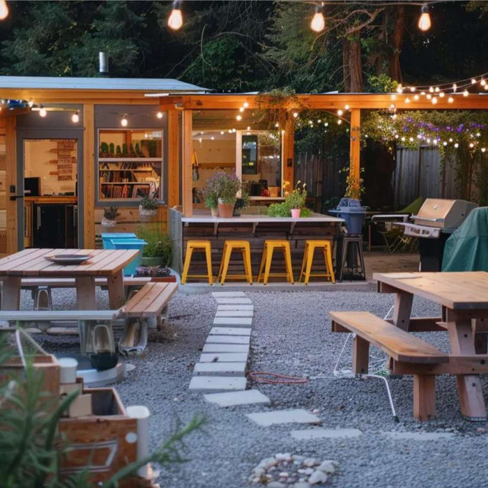 Cozy STEM class backyard with a wooden garden room, string lights, picnic tables, and an outdoor workspace surrounded by plants and trees