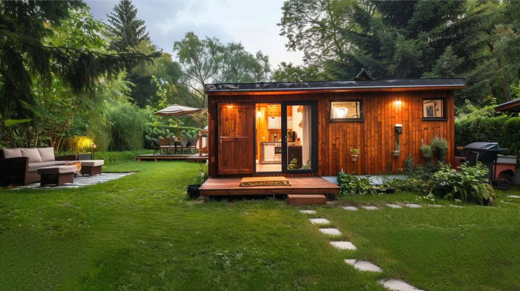 Cozy backyard cottage with warm lighting and greenery, perfect for a high occupancy tiny home rental