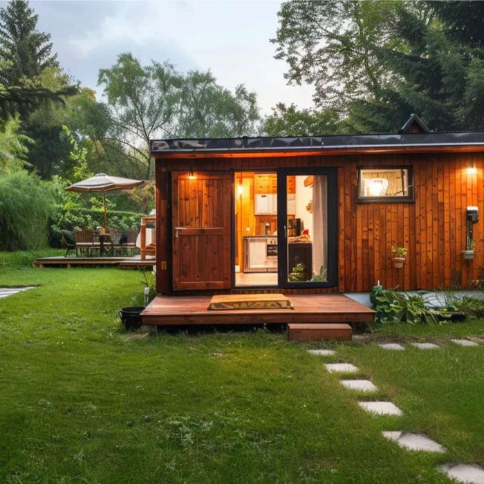 Cozy backyard cottage with warm lighting and greenery, perfect for a high occupancy tiny home rental