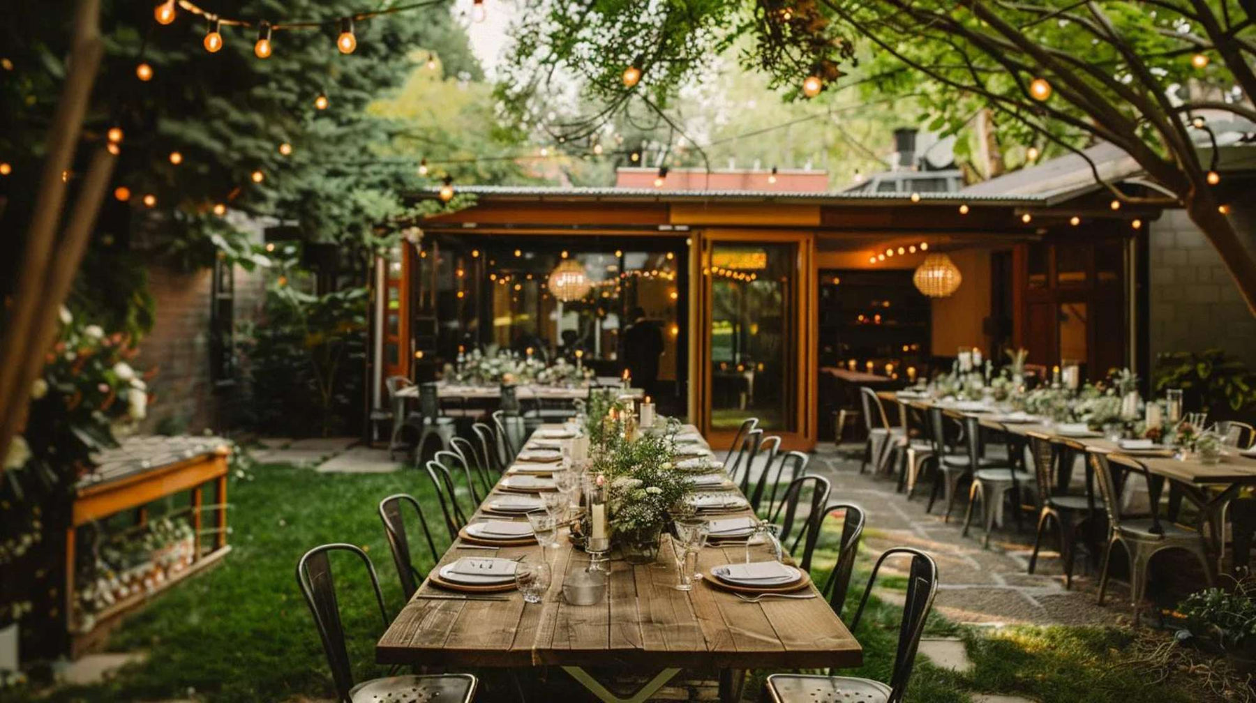 Cozy backyard event venue with long wooden dining tables, string lights overhead, and a modern garden room surrounded by greenery for an intimate outdoor gathering