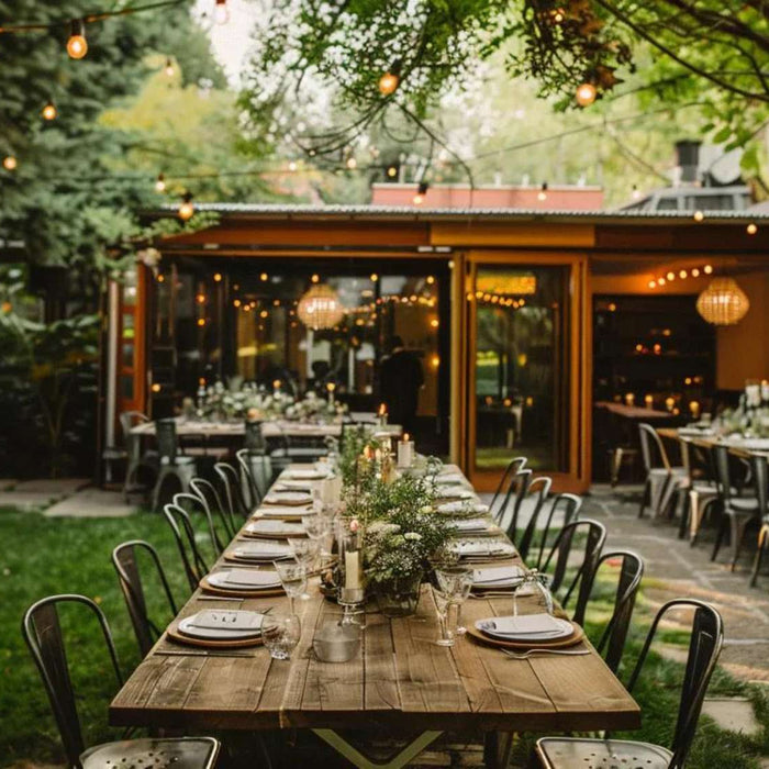Cozy backyard event venue with long wooden dining tables, string lights overhead, and a modern garden room surrounded by greenery for an intimate outdoor gathering