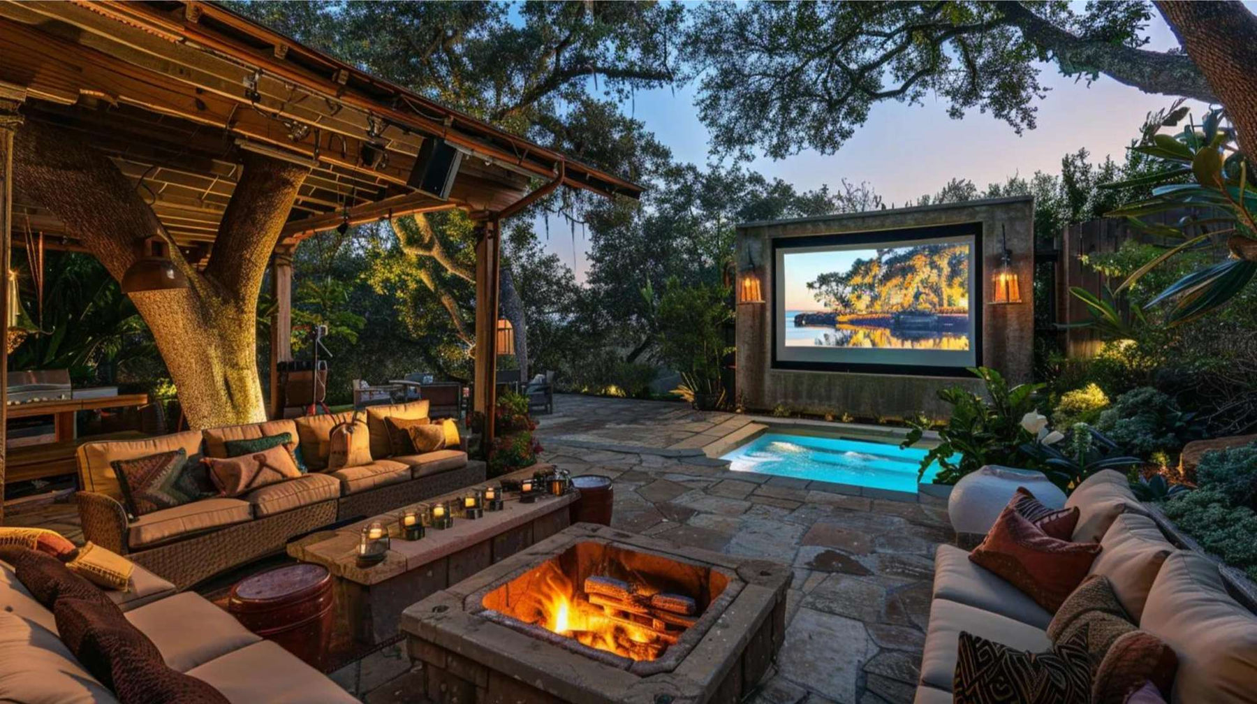 Cozy backyard patio with sofas, a fire pit, and a large outdoor screen by a pool shows a premium outdoor movie night business setup