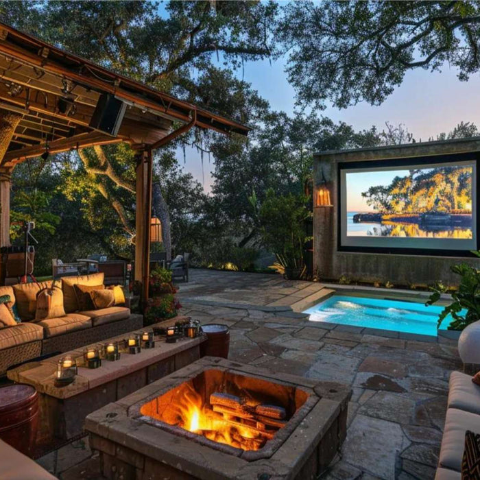 Cozy backyard patio with sofas, a fire pit, and a large outdoor screen by a pool shows a premium outdoor movie night business setup