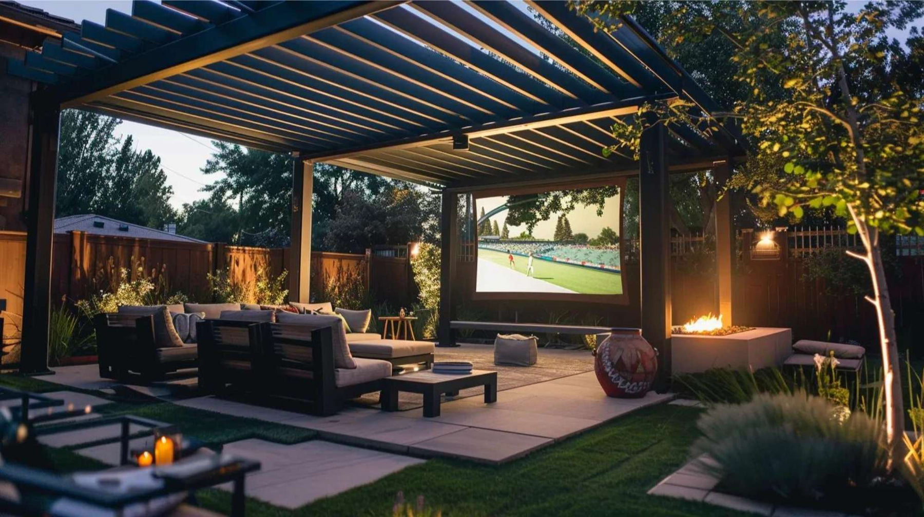 Cozy backyard pergola movie night rental setup with cushioned seating, soft lighting, and a large outdoor screen playing a film under the evening sky