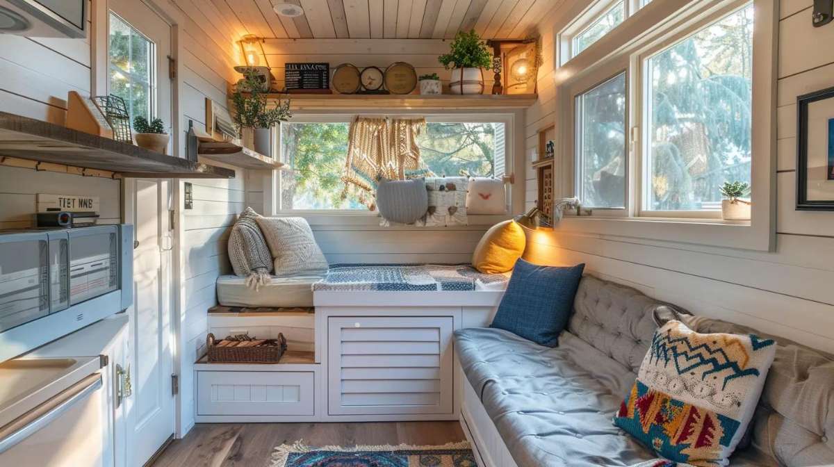 Cozy finished she shed interior with built-in seating, cushions, shelves, and large windows, showing a livable space that helps explain is it cheaper to build or buy a she shed