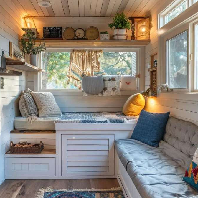 Cozy finished she shed interior with built-in seating, cushions, shelves, and large windows, showing a livable space that helps explain is it cheaper to build or buy a she shed