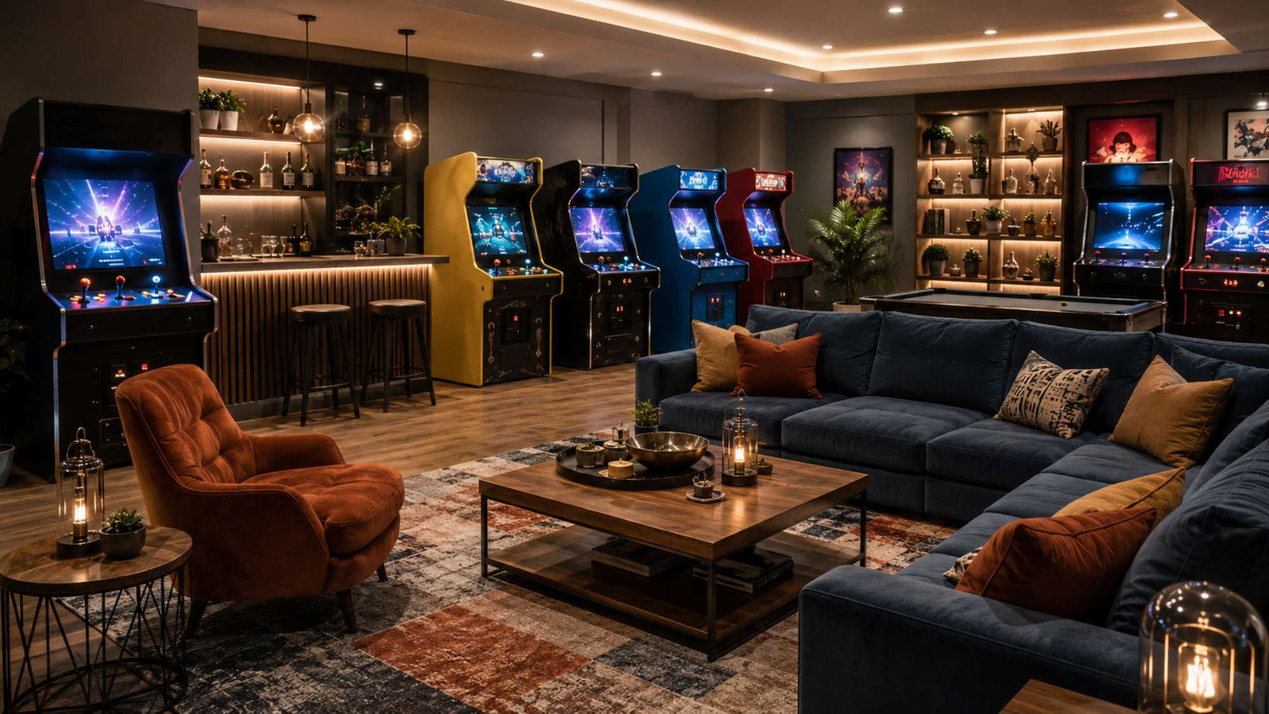 Cozy game room with several home arcade machine cabinets, a blue sectional sofa, an orange lounge chair, warm lighting, and a wooden coffee table