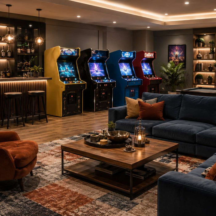 Cozy game room with several home arcade machine cabinets, a blue sectional sofa, an orange lounge chair, warm lighting, and a wooden coffee table