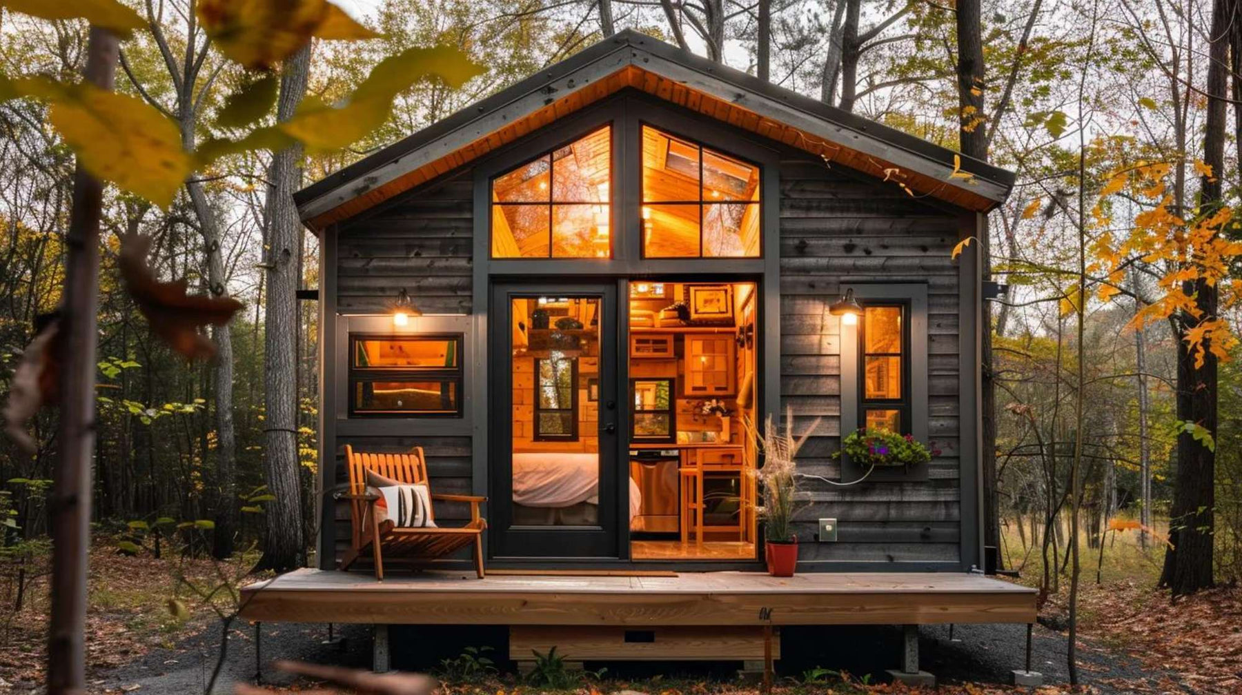 Cozy glamping tiny home rental cabin sits in a quiet forest, glowing warmly inside with large windows, a small wooden deck, and autumn leaves surrounding the peaceful setting