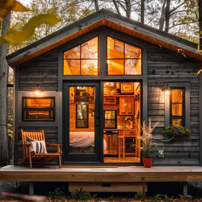 Cozy glamping tiny home rental cabin sits in a quiet forest, glowing warmly inside with large windows, a small wooden deck, and autumn leaves surrounding the peaceful setting
