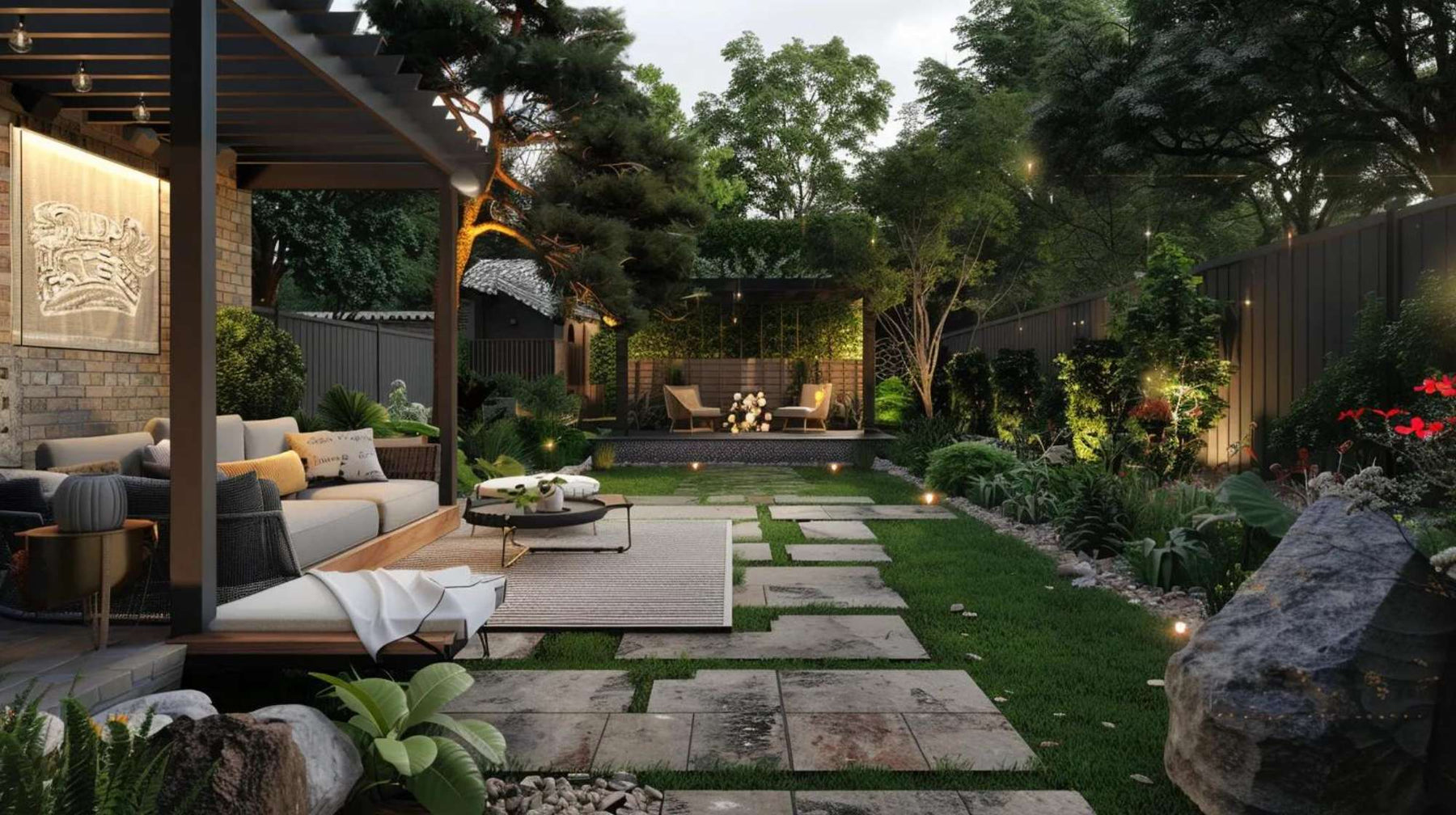 Cozy landscaped patio with lounge seating, garden lights, and stone path showcasing backyard retreat ideas