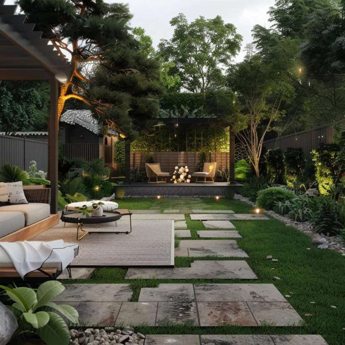 Cozy landscaped patio with lounge seating, garden lights, and stone path showcasing backyard retreat ideas