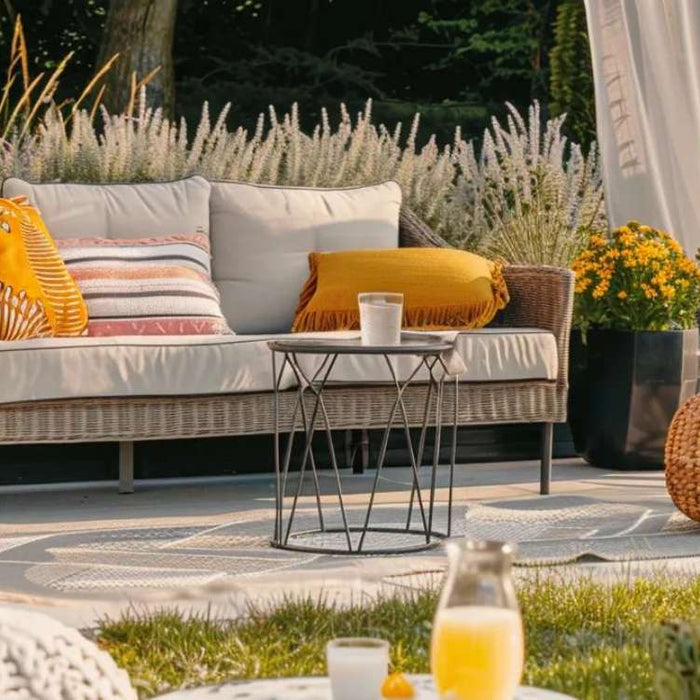 Cozy outdoor entertainment area with a wicker sofa, hanging egg chair, small table, and potted flowers on a sunlit patio