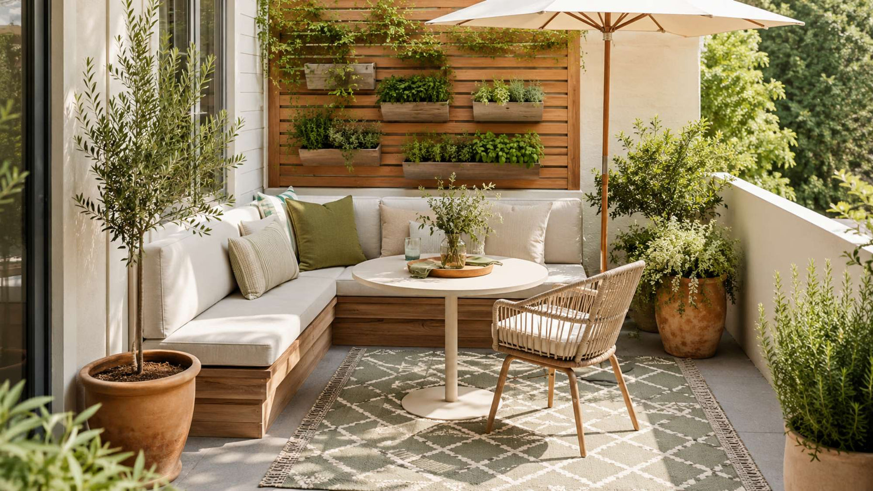 Cozy outdoor furniture layout with an L-shaped cushioned bench round table woven chair umbrella rug and potted greenery on a small patio