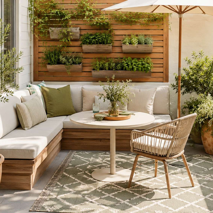 Cozy outdoor furniture layout with an L-shaped cushioned bench round table woven chair umbrella rug and potted greenery on a small patio