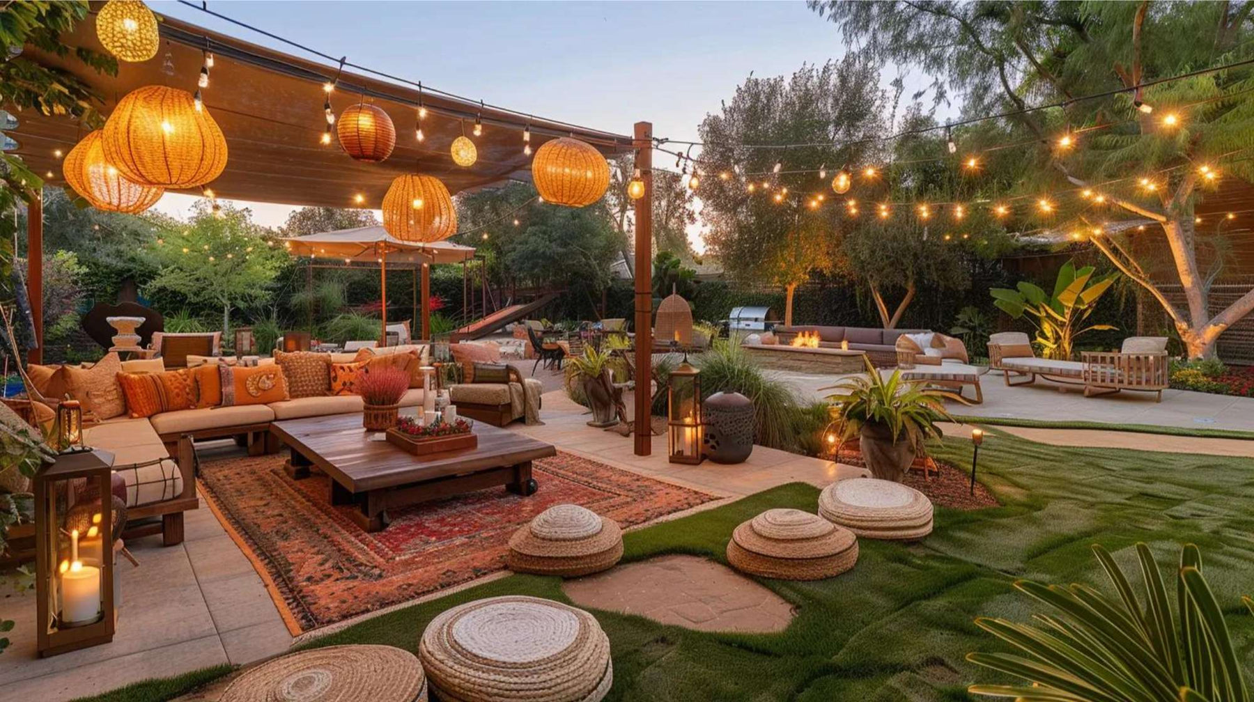 Cozy outdoor lounge with string lights and seating, ideal for a stylish backyard birthday party rental