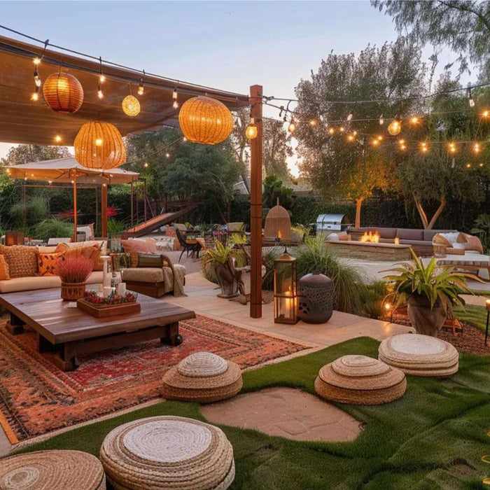Cozy outdoor lounge with string lights and seating, ideal for a stylish backyard birthday party rental