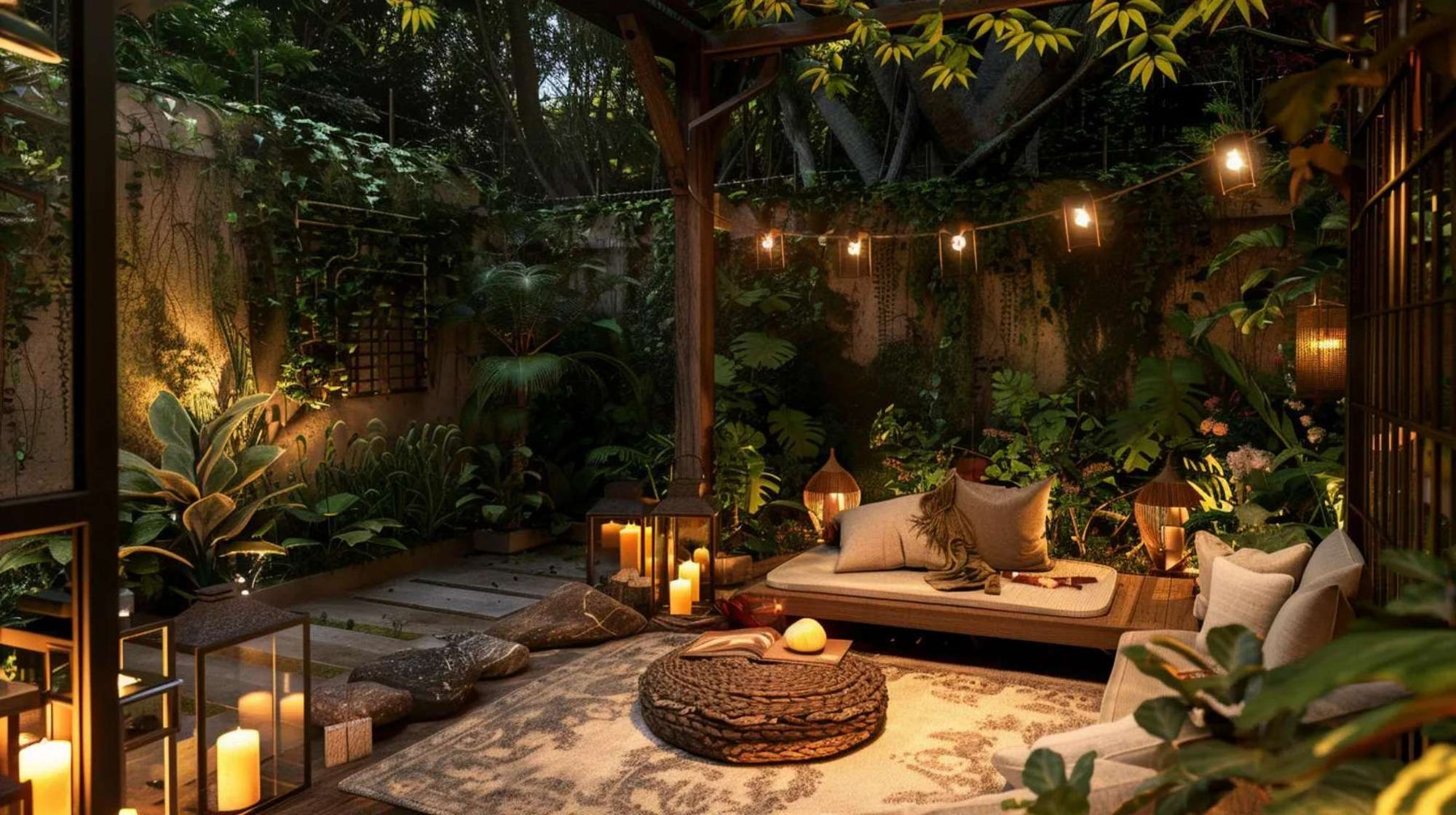 Cozy outdoor man cave date night setup featuring cushioned lounge seating, candles, lanterns, string lights, and lush greenery in a private backyard garden