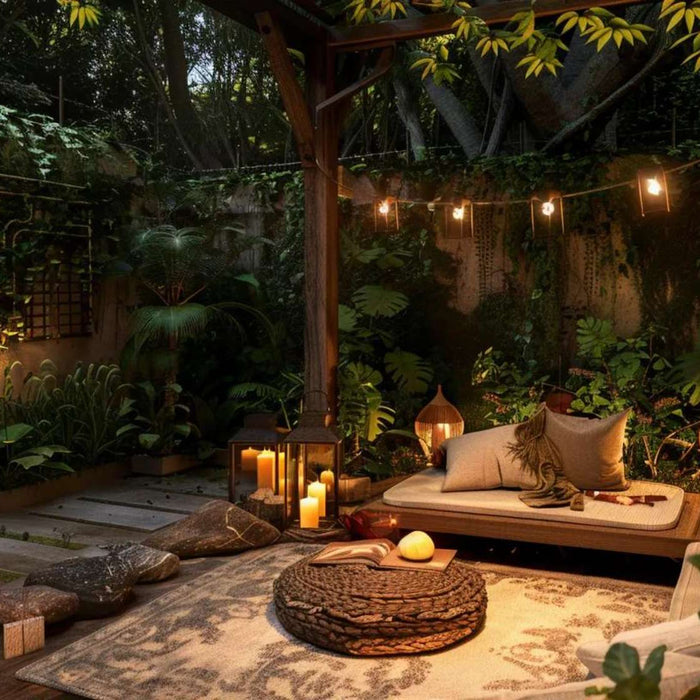 Cozy outdoor man cave date night setup featuring cushioned lounge seating, candles, lanterns, string lights, and lush greenery in a private backyard garden
