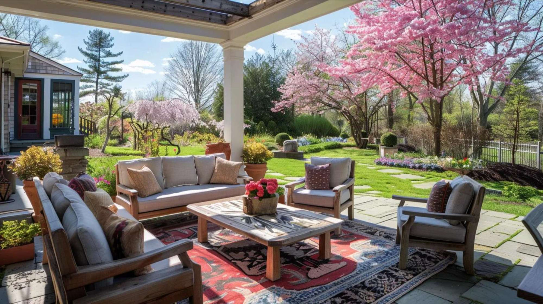 Cozy patio seating surrounded by blooming pink trees and stone walkways showcases outdoor living in spring in a peaceful backyard garden