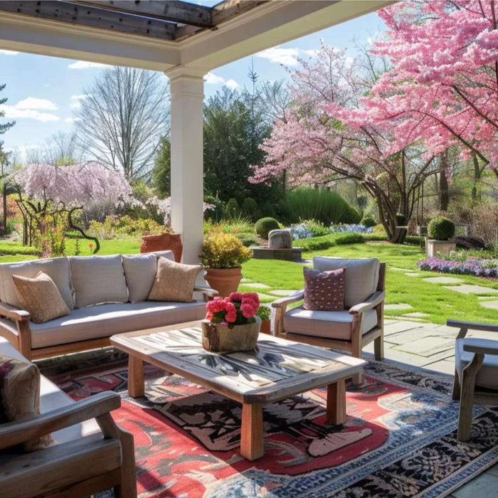 Cozy patio seating surrounded by blooming pink trees and stone walkways showcases outdoor living in spring in a peaceful backyard garden