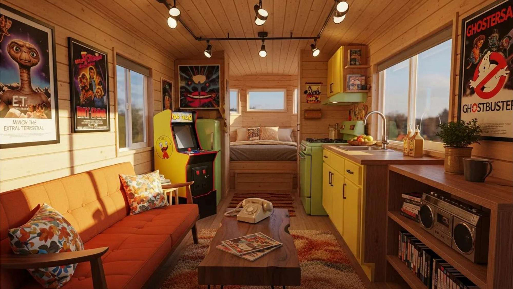 Cozy retro-themed viral tiny home Airbnb with wood interiors, vintage movie posters, an arcade machine, and colorful mid-century furniture
