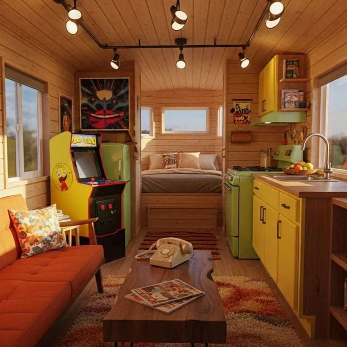 Cozy retro-themed viral tiny home Airbnb with wood interiors, vintage movie posters, an arcade machine, and colorful mid-century furniture