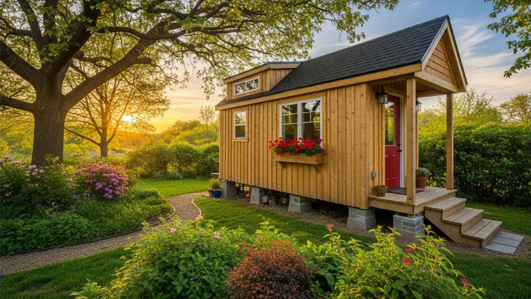 Cozy wooden backyard cottage surrounded by flowers and trees at sunset, designed for a peaceful she shed side hustle workspace