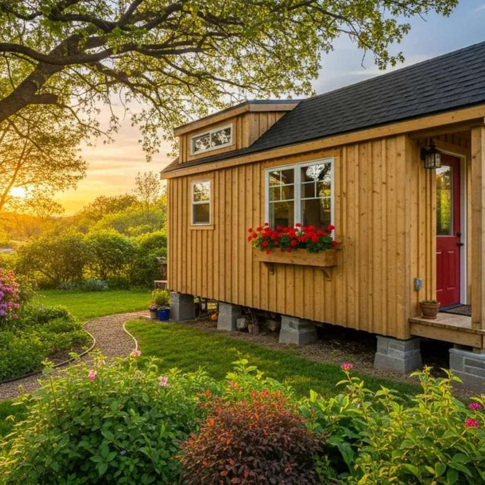 Cozy wooden backyard cottage surrounded by flowers and trees at sunset, designed for a peaceful she shed side hustle workspace