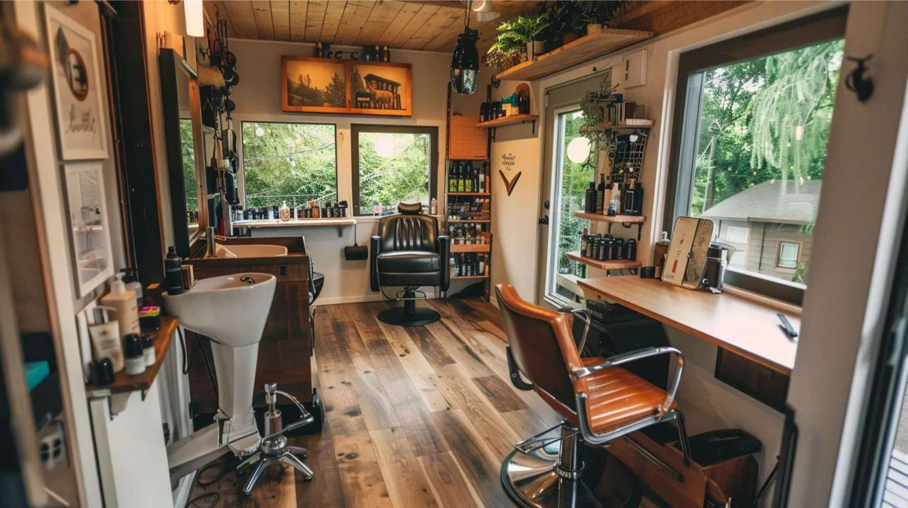 Cozy wooden beauty studio with salon chairs, wash station, and large windows showcasing a stylish backyard salon business setup