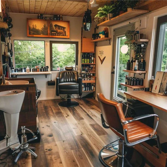 Cozy wooden beauty studio with salon chairs, wash station, and large windows showcasing a stylish backyard salon business setup