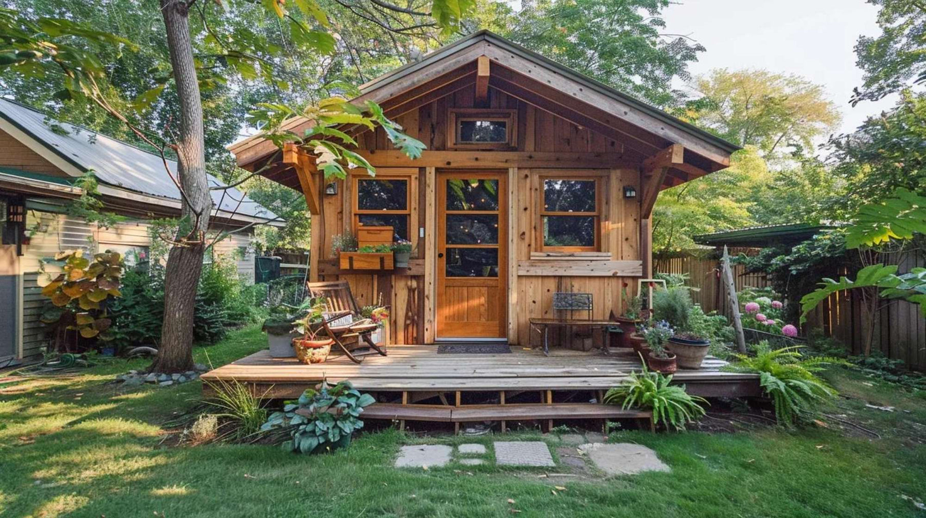 Cozy wooden tiny home with a front deck surrounded by trees and landscaping shows how thoughtful design can increase Airbnb occupancy