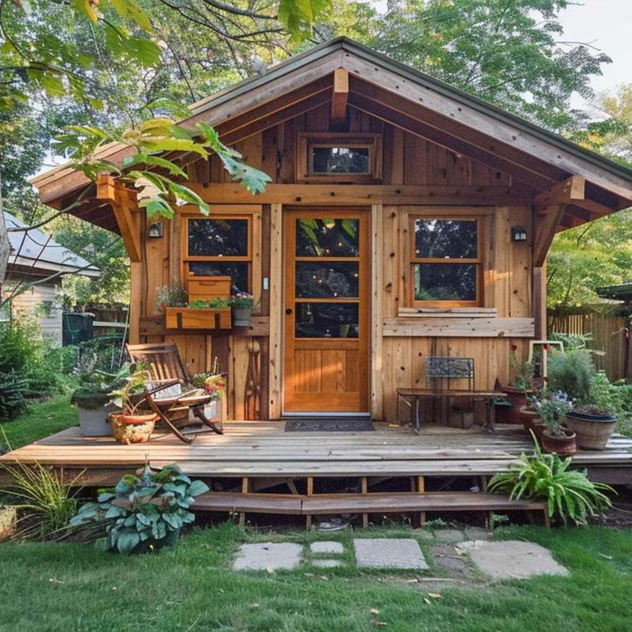 Cozy wooden tiny home with a front deck surrounded by trees and landscaping shows how thoughtful design can increase Airbnb occupancy