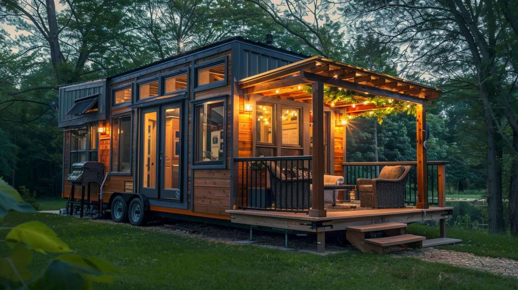 Cozy Garden House with Pergola, featuring warm lights, wooden siding, and outdoor seating under a vine-covered pergola surrounded by lush trees