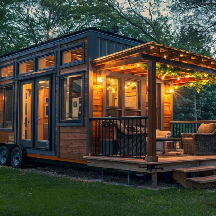 Cozy Garden House with Pergola, featuring warm lights, wooden siding, and outdoor seating under a vine-covered pergola surrounded by lush trees