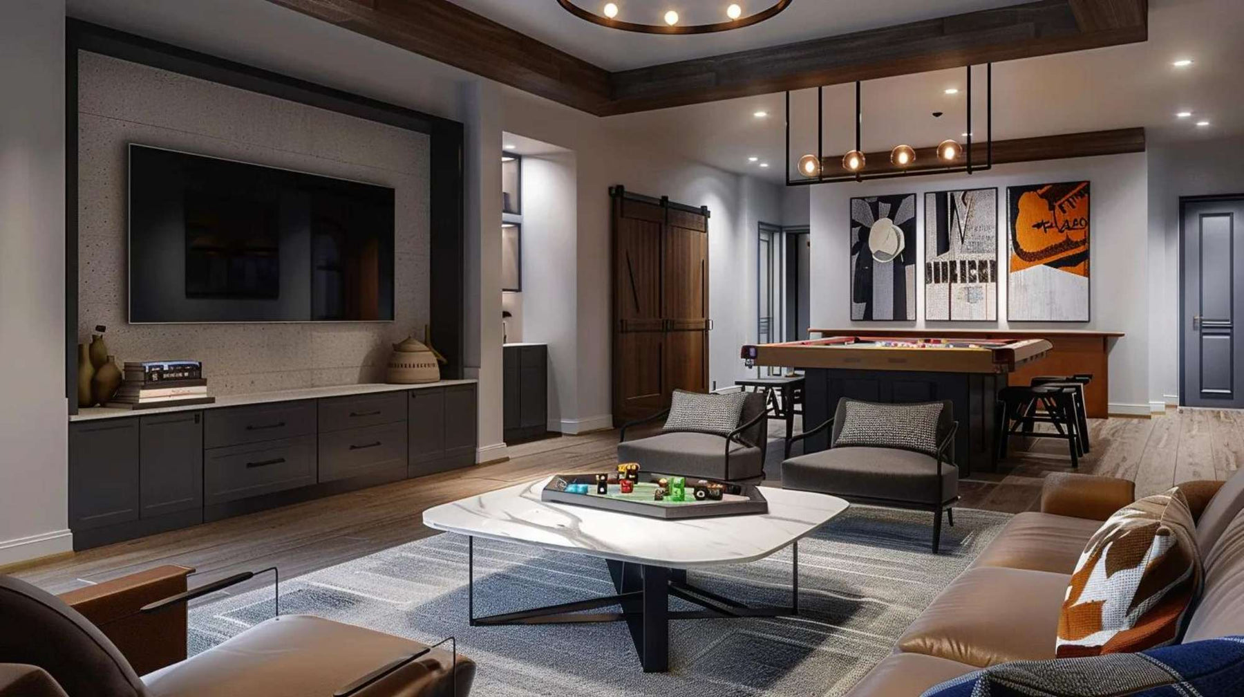 Cozy modern man cave with leather seating, a sleek TV wall, and a pool table in the back shows why a man cave is important for relaxation and personal space