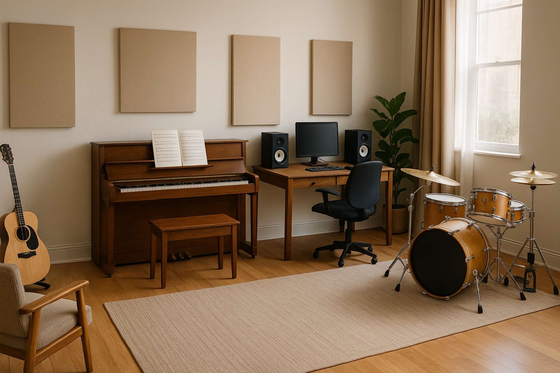 Cozy music room with a piano, desk, guitar, and drum set, giving a sense of layout for anyone wondering how big is a music room