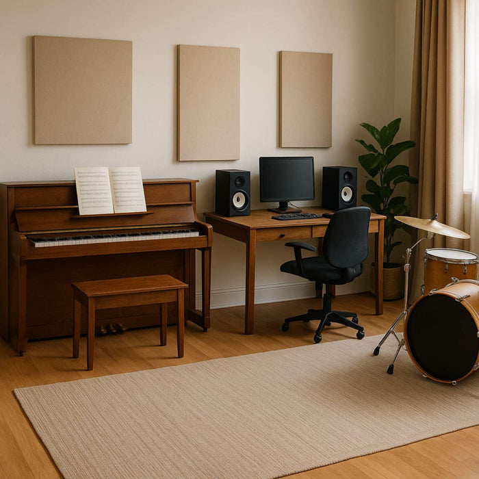 Cozy music room with a piano, desk, guitar, and drum set, giving a sense of layout for anyone wondering how big is a music room