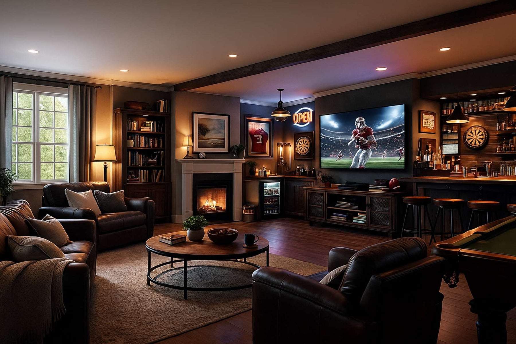 Cozy reading den on one side and a sports-themed man cave on the other, clearly highlighting the man cave vs den difference