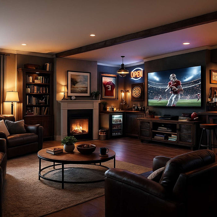 Cozy reading den on one side and a sports-themed man cave on the other, clearly highlighting the man cave vs den difference